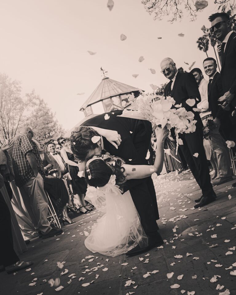 A dipped kiss in black and white